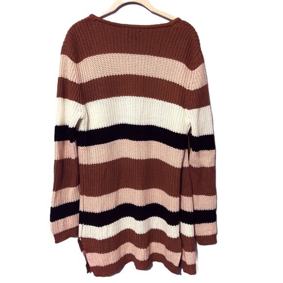 Love by Chelsy Striped Long Open Front Knit Cardigan Side Slits Size Large - Picture 2 of 6